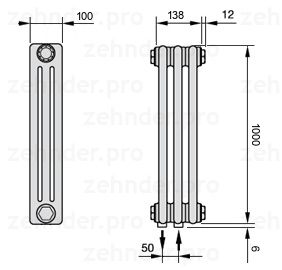 Схема (чертеж) Радиатор Zehnder Charleston 3100/3 №5410 Белый глянцевый RAL 9016